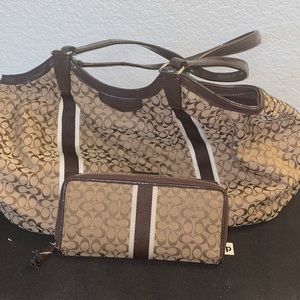 Brown and white strip Coach purse